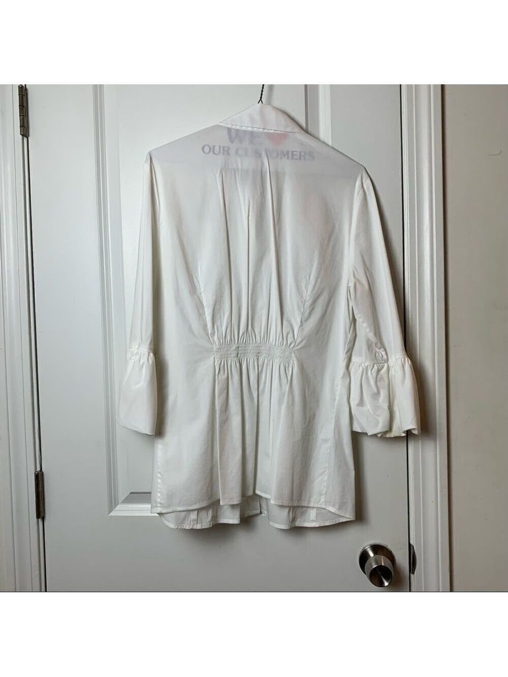 BCBG Maxazria White 3/4 Sleeve Button-Down with Ruffles Sleeves Size Large - Picture 8 of 9
